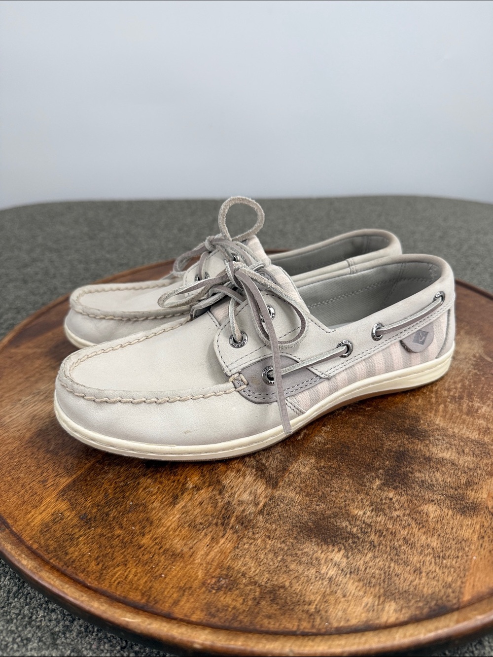 Sperry Shoes Wm 6 Songfish Casual Boat Light Gray Leather Canvas Stripe Moc